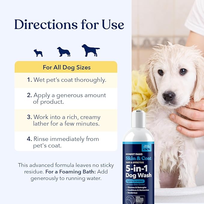 Honest Paws Dog Shampoo and Conditioner - Premium Dog Wash for Allergies Dry, Itchy, Moisturizing for Sensitive Skin - Sulfate Free Plant Based All Natural - Lightly Scented w/Odor Control -16 Fl Oz