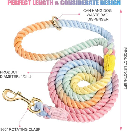 Dog Leash 6 FT Handmade Braided Cotton Rope Leashes for Small Medium and Large Dogs, New Golden Heavy Duty Metal Clasp, Colorful Macaron