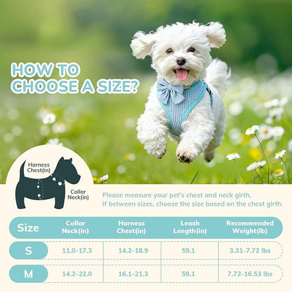 Small Dog Collar Harness and Leash Set, Dog Harness no Pull with Bowtie, Breathable Cotton Adjustable Pet Puppy Harness, Easy Walk Dog Harness, M(16-21")