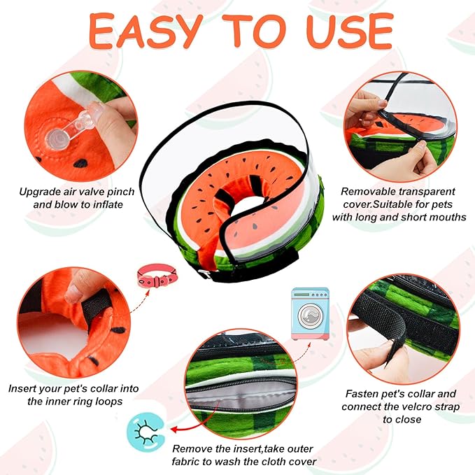 MRSOHRET Dog Cone, Dog Surgery Collar, Inflatable Cones for Small Medium Large Dogs, Watermelon Dog Recovery Collar, Does not Impede Vision