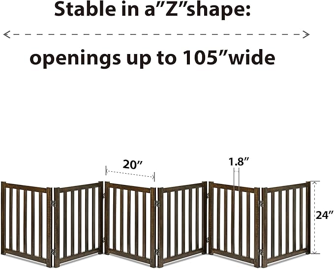 LZRS 6-Panel Extra-Wide Freestanding Wooden Dog Gate Indoor – 24”High Foldable Safety Pet Barrier for Doorways, Hallways, Kitchens, Durable Design fit Small to Medium Dogs, Walnutl