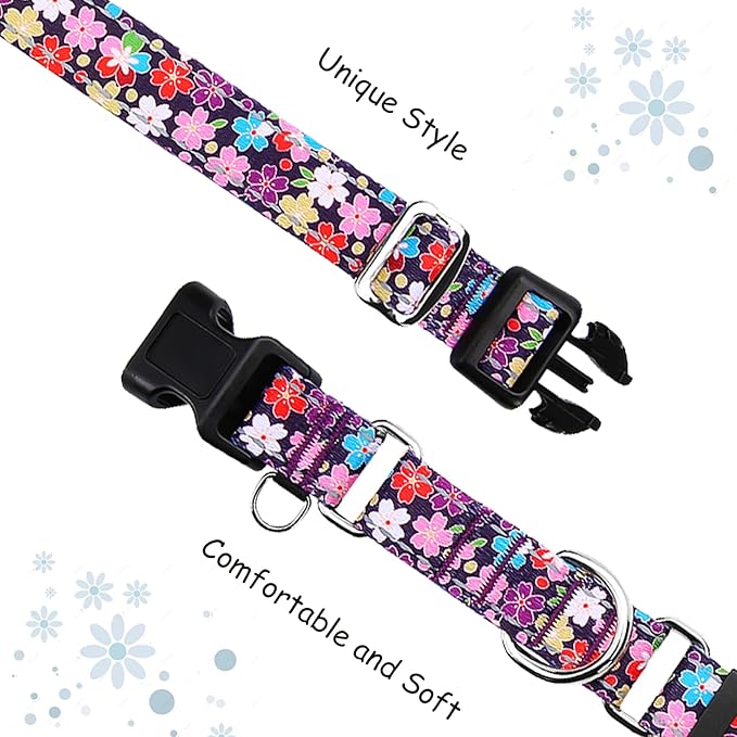 Reflective Martingale Collar for Dogs with Buckle Pretty Fancy Female Floral Dog Collars (Japanese Blossoms, Large)