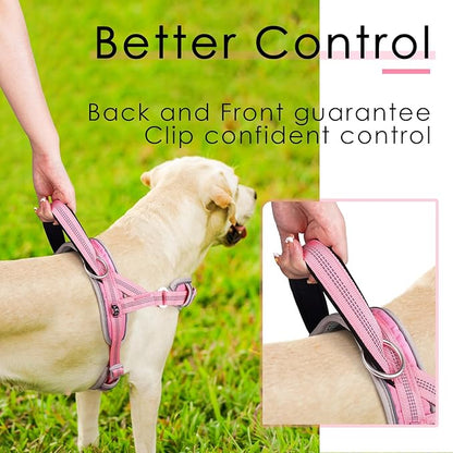 ADVENTUREMORE Medium Dog Harness - No Pull, Adjustable Reflective Vest with Front Clip Handle for Training & Walking - M Pink