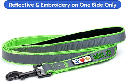 Pawtitas Personalized Green Dog Leash 6 ft Custom ID Lead for Dogs & Puppies Reflective Comfortable Padded Handle Embroidered Name & Phone Number