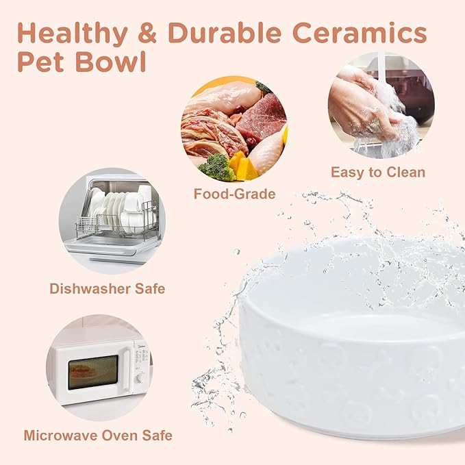 SPUNKYJUNKY Elevated Dog Bowls Ceramic, 5.1'' Dogs and Cat Food Water Bowls Raised with Non-Slip Bamboo Stand for Puppy Small Sized Breed Microwave Dishwasher Safe - 13.5 OZ,Skull White