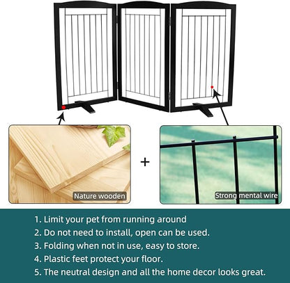 ZJSF Freestanding Dog Fence Indoor, Foldable Dog Gate for Doorways, Stairs or Hallways, Sturdy Wood Extra Wide Pet Gate with Support Feet for The House, Black, 32 "Height-3 Panels