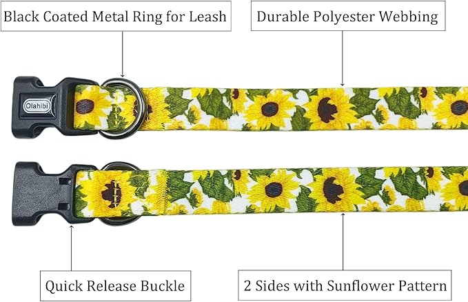 Dog Collar Leash Set, Floral Pattern, 5ft Matching Leash, Polyester Material, 4 for Small Medium Large Dogs.(M, Sunflower)