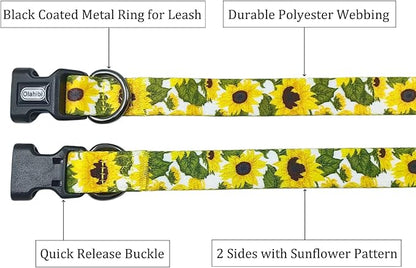 Dog Collar Leash Set, Floral Pattern, 5ft Matching Leash, Polyester Material, 4 for Small Medium Large Dogs.(M, Sunflower)
