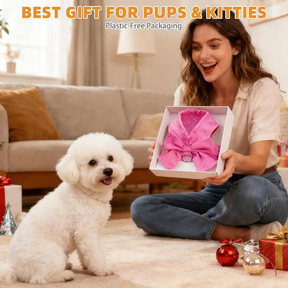 KOOLTAIL Small Dog Harness and Leash Set, Cute Puppy Vest Harnesses with Bowtie for Girl Outfit, Step in No Pull Soft Mesh Padded Adjustable Pet Harness for Extra-Samll Medium Dogs Cats XS-M, Pink S