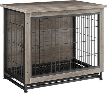 JY QAQA Dog Crate Furniture, Wooden Dog Crate Table, Double-Doors Dog Furniture, Indoor Kennel, Dog Cage/Grey/S
