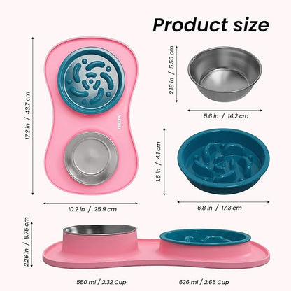 YINEYA Slow Feeder Dog Bowls Stainless Steel Food and Water Bowl Set 3 in 1 No Spill Waterproof Silicone Pet Food Mat Puppy Feeding Station for Large Medium Small Breed Non Slip Metal Dish Tray