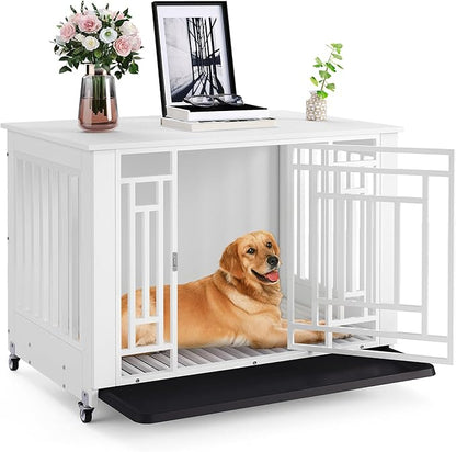 DWVO Dog Crate Furniture with Wheels, 38 Inch Dog Kennel Indoor Heavy Duty End Table Dog Crate for Large Medium Dogs, Decorative Wooden Dog Cage Table with Removable Tray, Chew-Resistant, White
