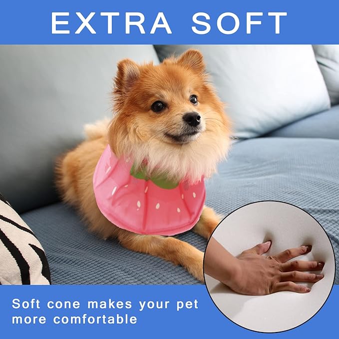Soft Dog Cone, Lightweight Elizabethan Collar for Dogs, Adjustable Soft Cones for Dogs/Cats to Stop Licking After Surgery, Cute Strawberry Cone of Shame Alternatives for Pets(Large)