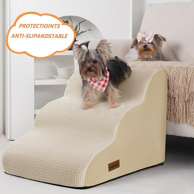 Aodisman 3-Step Dog Ramp and Stairs for Sofa and Chair - Non-Slip Sturdy Pet Steps for Small Dogs and Cats,15.7" H,Beige