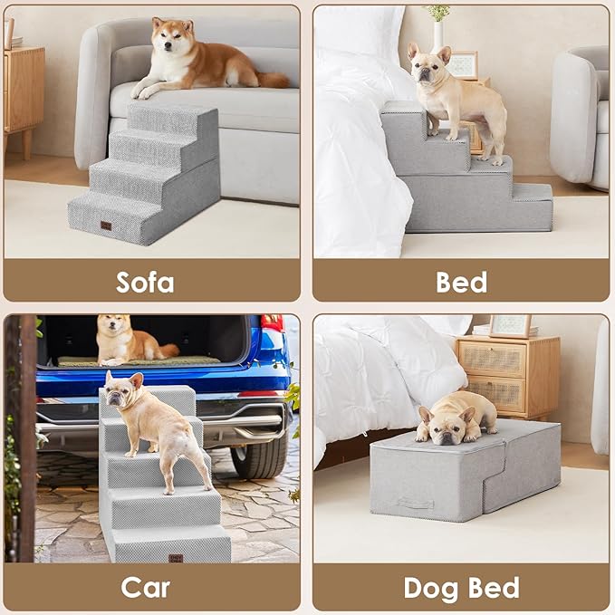 EHEYCIGA Dog Stairs for Bed 20" H, 4-Step Extra Wide Dog Steps for High Bed, Pet Steps for Small Dogs and Cats, Non-Slip Balanced Pet Ramp Indoor, Light Grey