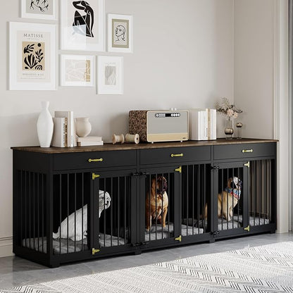 Dog Crate Furniture - Indoor Wooden Dog Kennel Crate Furniture with 2 Dividers, 3 Drawers, and 3 Lockable Doors, 95"x23.6"x31.5"H, Black