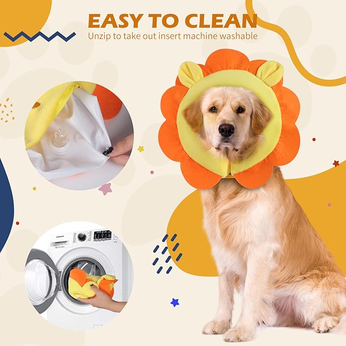 IEUUMLER Inflatable Recovery Dog Collar, Protective Donut Cone, Adjustable Soft Collar for Dog and Cat After Surgery Prevent from Biting & Scratching EU002 - Orange Lion L+