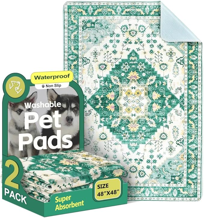 Washable Pee Pads for Dogs 2 Pack Reusable Puppy Training Pads 48"x48" Super Absorbent Waterproof Dog Training Pads, Non-Slip Potty Pads Whelping Pads Litter Mat Pet Supplies - Green Medallion
