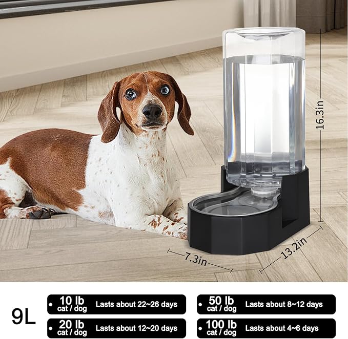 Sfozstra Large Dog Water Dispenser: 9L Gravity Black Gravity Water Feeder - Dishwasher-Safe Stainless Steel Bowl - Easy Clean - for Medium/Large Dogs - Multi-Pet Homes - Garage/Garden/Patio