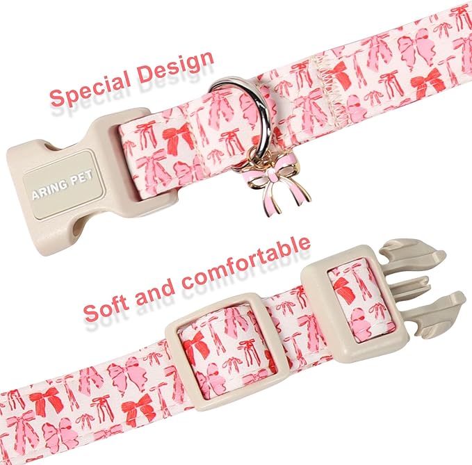 ARING PET Girl Dog Collar, Cute Spring Summer Pink Bow Puppy Pet Collars Necklace for Small Medium Large Female Dogs-L
