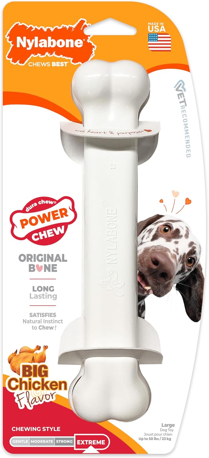 Nylabone Power Chew Classic Bone Chew Toy for Dogs, Durable Dog Toys for Aggressive Chewers, Chicken Flavor, Large/Giant - Up to 50 lbs. (1 Count)