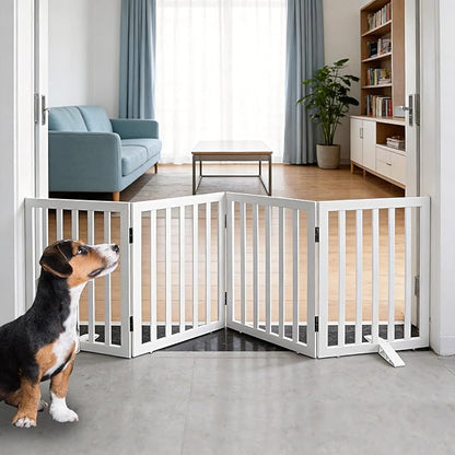 ZJSF Freestanding Indoor Dog Gate for House Foldable Wood White Puppy Gate for Doorways Pet Gate for Stairs Extra Wide Pet Fence 24" Height 4 Panels