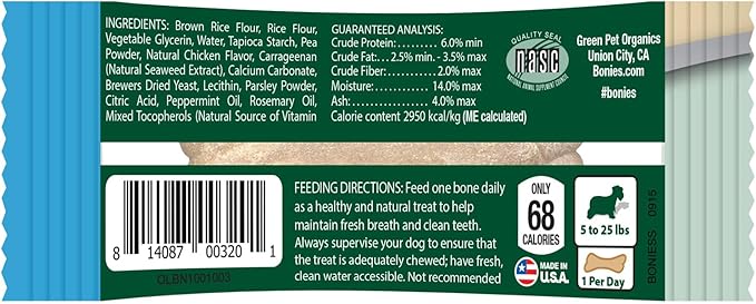 Bonies Natural Breath and Dental Formula Small-Sized Single Bone - All-Natural Ingredients, Fresh Breath, Cleans Teeth, Low Calories, Chicken Flavor, Small Dog, 1 Bone