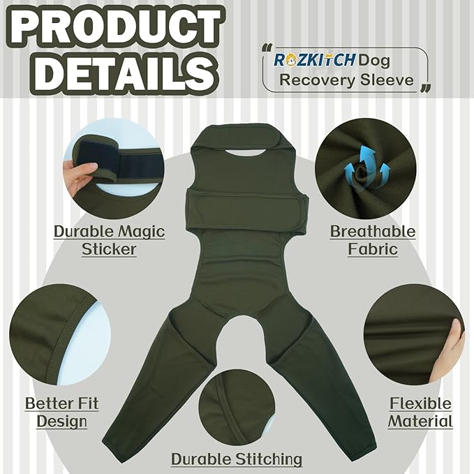 ROZKITCH Dog Leg Surgery Recovery Suit Rear Legs, Pet Sleeve to Prevent Licking Wound Elbow Protector, Dog Recovery Suit Cone Collar Alternative for Sprain ACL CCL Arthritis Joint Care Green XL
