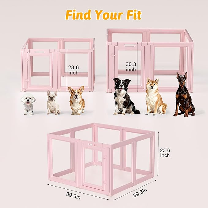 DIY Clear Acrylic Dog Playpen House,Quick Easy Assembly and Disassembly,Strong Floor Suction,Indoor and Outdoor Use,Easy Cleansing Puppy Fence (Skin Pink, 23.6" H, 8PCS)