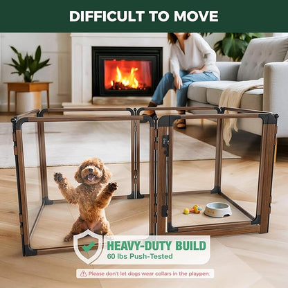 FXW AuraSpace Pro Acrylic Indoor Dog Playpen, Heavy-Duty with Metal Frame, 24" Height 6 Panels for Puppies & Small Dogs,Walnut│Patented