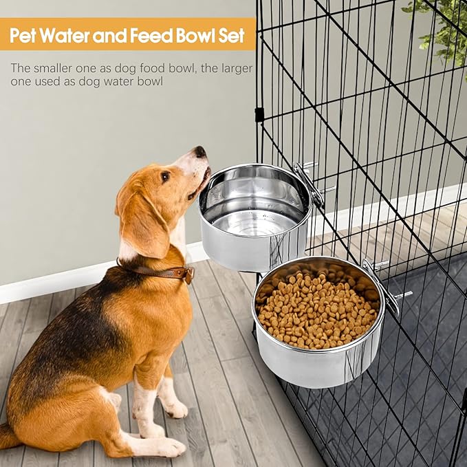 2 Pcs Medium Pet Dog Food Water Bowl for Cage Stainless Steel Non-Spill Kennel Detectable Hanging Cats Pets Bowls with Clamp Holder Crate Feeder Dish for Medium Dogs (5.5x2.3'' & 6.3x2.6'')