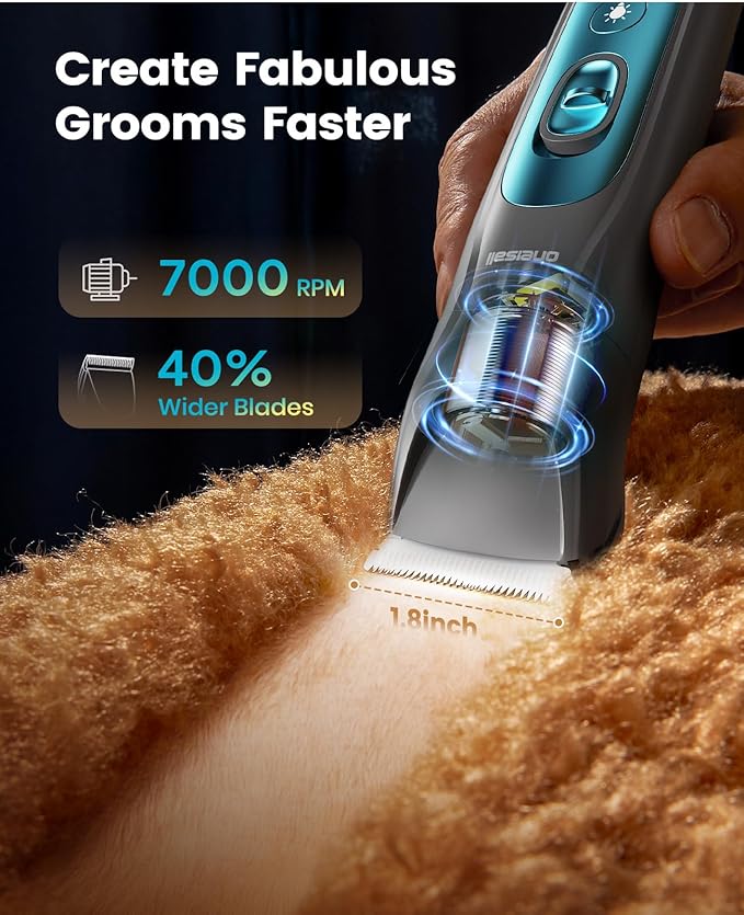 oneisall LED Light Dog Trimmer Clippers, Cordless Dog Grooming Kit 2 in 1, 2000mAh Pet Grooming Clippers Paw Trimmer for Paw, Face, Ears, Legs, Body