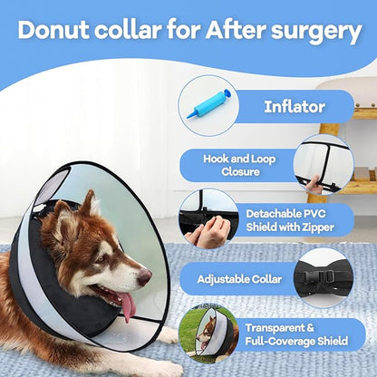 2-in-1 Upgraded Inflatable Dog Cone Collar with Detachable Anti-Licking Shield, Soft Adjustable Elizabethan Collar for Dogs After Surgery (M+, Black)