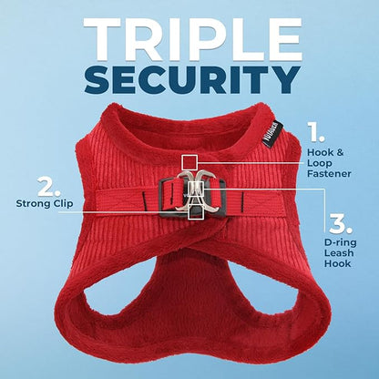 Best Pet Supplies - All Weather Plush, Reflective, No Pull Harness for Small, Medium Dogs, Cats - Secure with Hook & Loop Fastener, Buckle, Double D-Rings - Red Corduroy, M