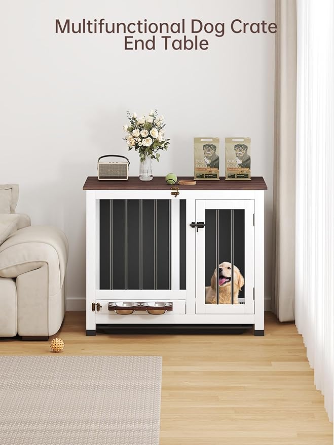 Dog Crate Furniture - 31.5" Wooden Indoor Dog Kennel with 360° Rotating Feeder & Removable Tray | Sturdy End Table for Medium & Small Dogs | Easy Assembly, White Dog Cage for Living Room