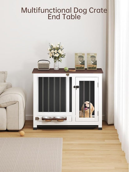 Dog Crate Furniture - 31.5" Wooden Indoor Dog Kennel with 360° Rotating Feeder & Removable Tray | Sturdy End Table for Medium & Small Dogs | Easy Assembly, White Dog Cage for Living Room