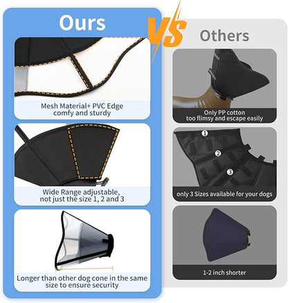 WinWeal Soft Dog Cone Collar for Dogs After Surgery, Transparent Breathable Pet Recovery Collar for Large Medium Dogs, Adjustable Dog Cone Collar, Elizabethan Collar (L, Black)