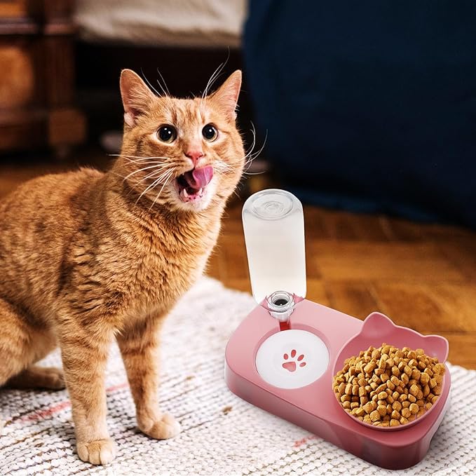 Kisangel Stable Automatic Dog Water Bowl with Dual Feeder Design Spill-Resistant Pet Food and Water Dispenser for Cats and Dogs Neck Protection Pink Pet Feeding Bowl