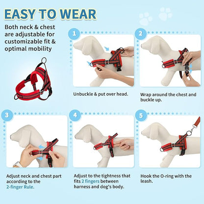 SlowTon No Pull Small Dog Harness and Leash Set, Puppy Soft Vest Harness Neck & Chest Adjustable, Reflective Lightweight Harness & Anti-Twist Pet Lead Combo for Small Medium Dogs (R-Front Clip,XXS)