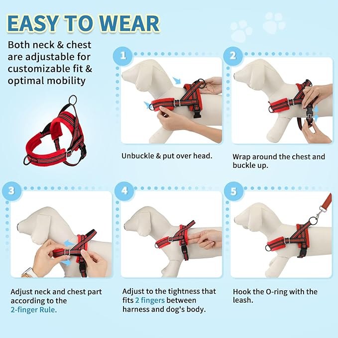 SlowTon No Pull Small Dog Harness and Leash Set, Puppy Soft Vest Harness Neck & Chest Adjustable, Reflective Lightweight Harness & Anti-Twist Pet Lead Combo for Small Medium Dogs (R-Front Clip,XS)