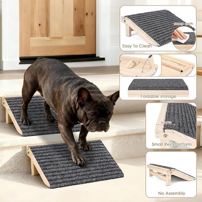 2 Pack Dog Ramp for Stairs - Foldable Wood Dog Stair Ramp with Non-Slip Carpet Surface, Portable Pet Steps for Stairs, Threshold- Assist Small Dog, Senior and Injured Dogs, Easy Store (Pet Safe)