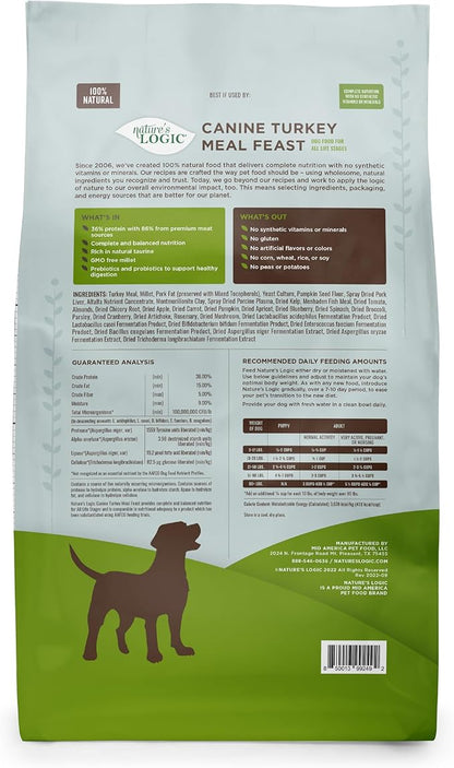 Nature's Logic Dry Dog Food - 100% Natural - No Synthetics - for All Ages, Sizes, Breeds - Free from Common Allergens, High Protein - Turkey Meal Feast, 25lbs