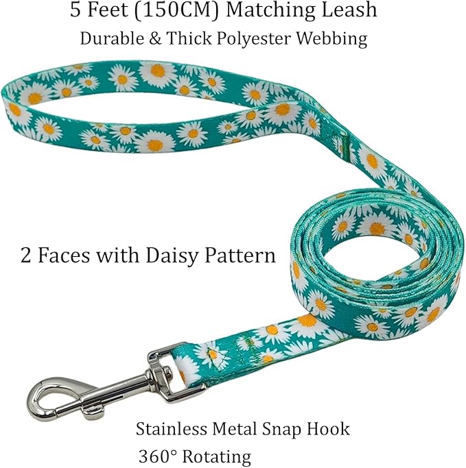 Dog Collar and Leash Set, Cute Daisy Pattern, Polyester Material, 5ft Leash, for Large Dogs.(Large,Green Daisy)