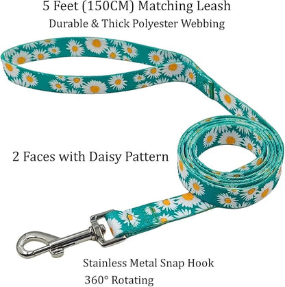 Dog Collar and Leash Set, Cute Daisy Pattern, Polyester Material, 5ft Leash, for Large Dogs.(Large,Green Daisy)