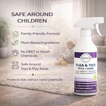 Flea Spray for Home & Pets - Flea and Tick Prevention for Dogs - Plant Based Repellent with Natural Essential Oils for Dog Flea Treatment Protection - Rosemary Scent - 16 Fl Oz