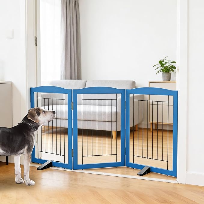 ZJSF Freestanding Dog Fence Indoor, Foldable Dog Gate for Doorways, Stairs or Hallways, Sturdy Wood Extra Wide Pet Gate with Support Feet for The House, Blue, 32 "Height-3 Panels