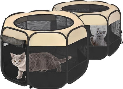 EighteenTek® 2-in-1 Pop Up Cat Playpen, Assembly-Free Dog Puppy Pet Playpen, Indoor Outdoor Cats Enclosed, Cat Tent House Crate Cage, Portable & Foldable Playpen for Kittens(No Divider, Unified Space)