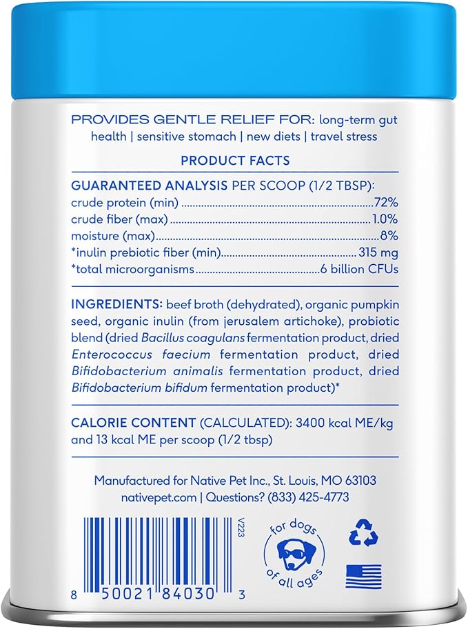 Native Pet Probiotics for Dogs – Dog Probiotic Powder for Gut & Digestive Health, Vet-Formulated 6B CFUs Dog-Specific Probiotic Strains, Supports Stool Quality & Diet Transitions – 30 Scoops