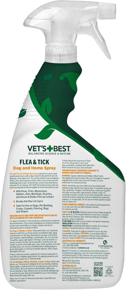 Vet's Best Natural Indoor Flea and Tick Spray – Dog Flea and Tick Treatment for Home, Plant-Based Formula with Natural Oils, Kills Fleas, Eggs & Ticks on Contact, USA Made, Cotton Spice, 32 oz, 2-Pack
