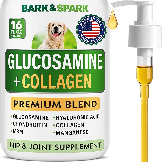 BARK&SPARK Liquid Collagen for Dogs w/Glucosamine (16 OZ) Advanced Mobility Joint Supplement for Dogs - Advanced Formula w/Chondroitin, MSM - Hip & Joint + Skin & Coat Care - Made in USA